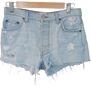 Reformation Button Fly Distressed Denim Cut Off Mini Shorts Size 26